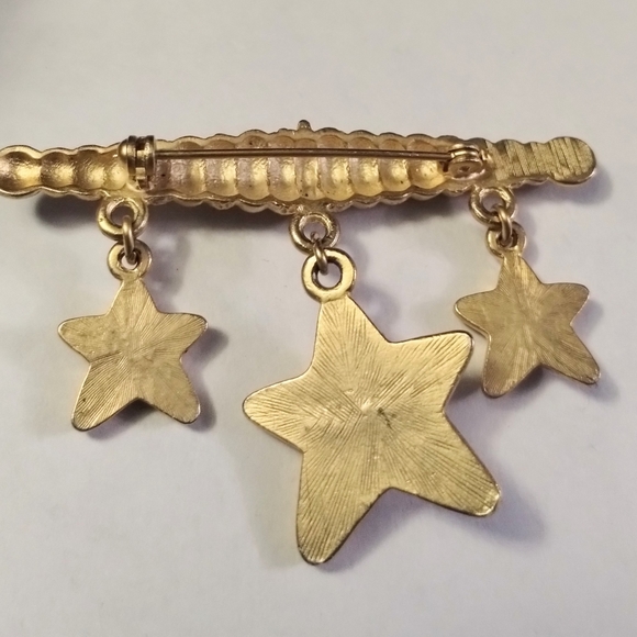Vtg 1980s Matte Dangle Stars Celestial Clear Cabochon Bar Pin Brooch - Picture 3 of 3